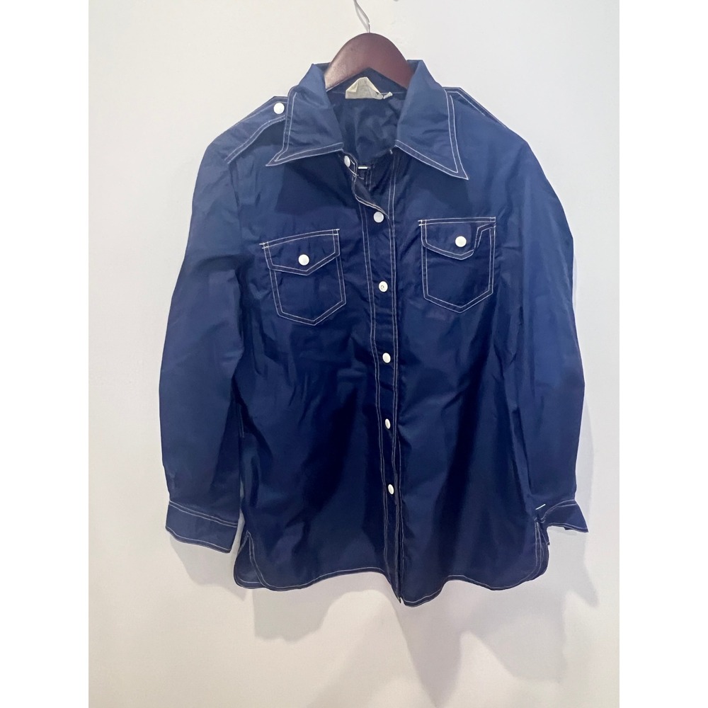 Vintage Russ Navy Nylon Snap Front Shirt Contrast Stitch Epaulets Mens Medium